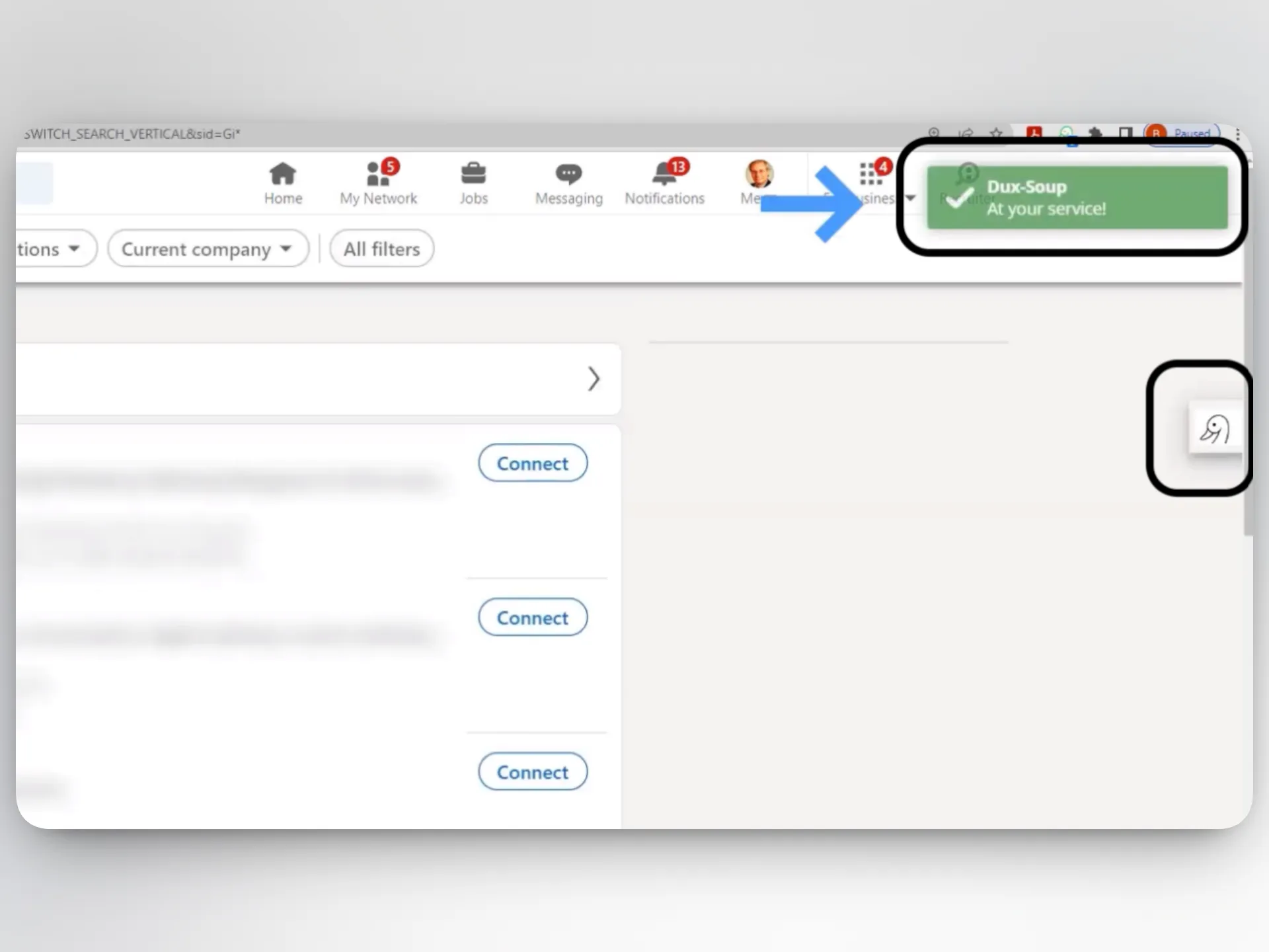 Dux-Soup buttons injected into the LinkedIn interface beside search results