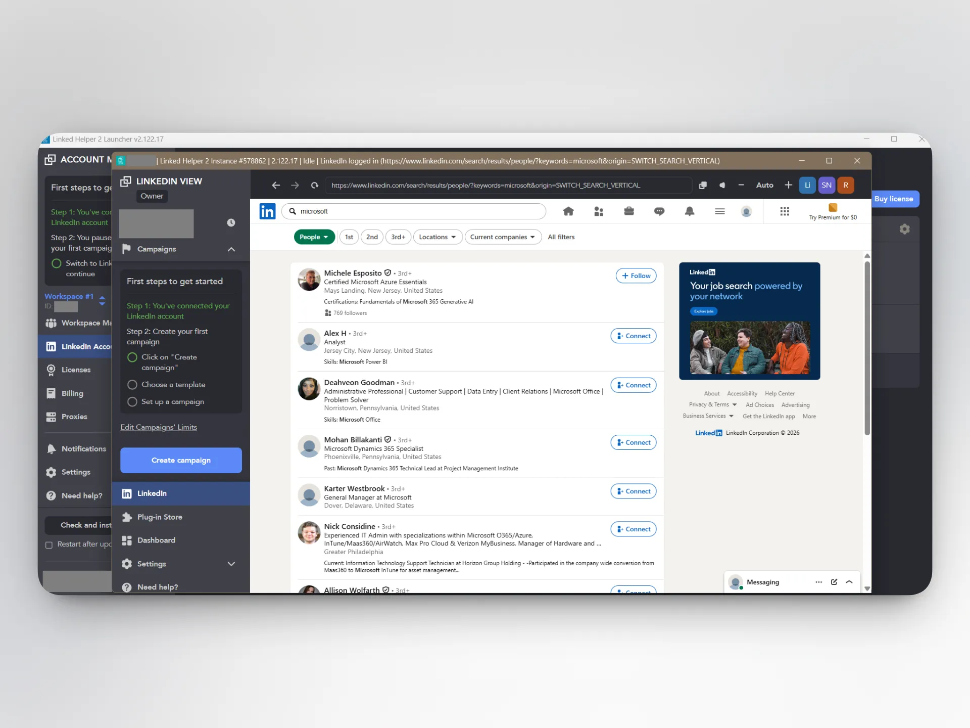 Linked Helper desktop application showing its built-in LinkedIn browser and campaign controls