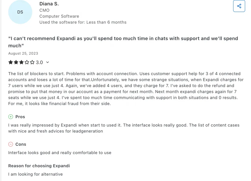 exemplo de avaliação de 3 estrelas da Expandi