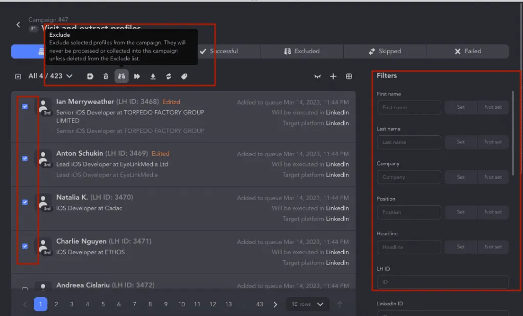 Exemplo de uma «Exclude List» na Linked Helper após adicionar leads.