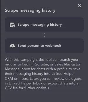Captura de ecrã do modelo de campanha da Linked Helper para exportar o histórico de mensagens.