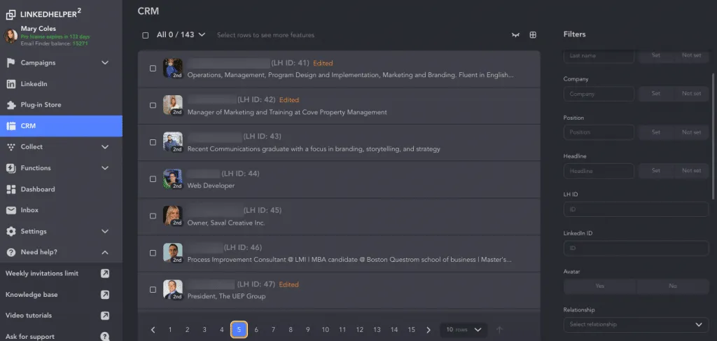 O CRM da Linked Helper apresenta dados e filtros mais completos sobre os leads.