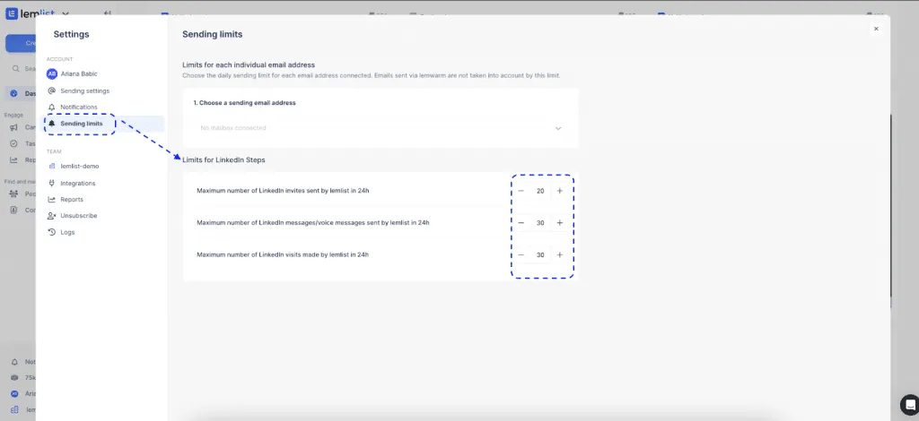 Linked Helper vs. lemlist: menu de configuração de limites