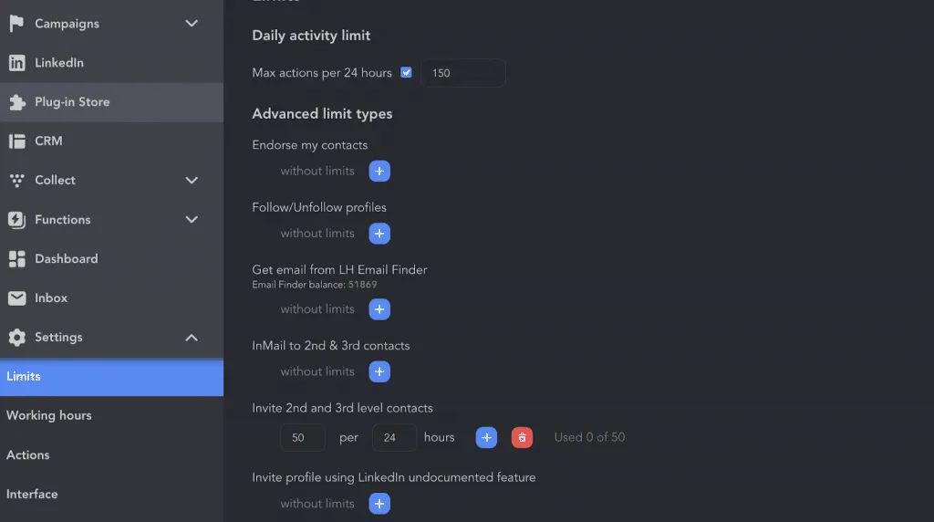 Interface do Linked Helper vs. lemlist — definição de limites para campanhas