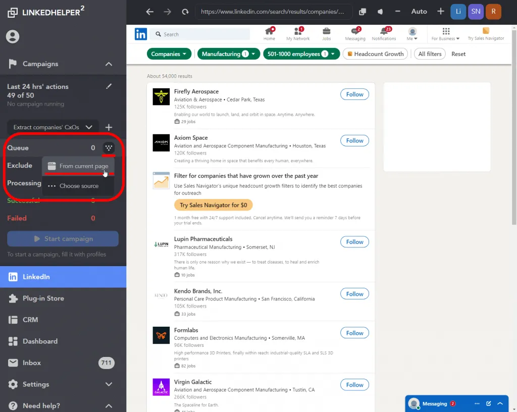 Exemplo de recolha de dados de funcionários no Linked Helper
