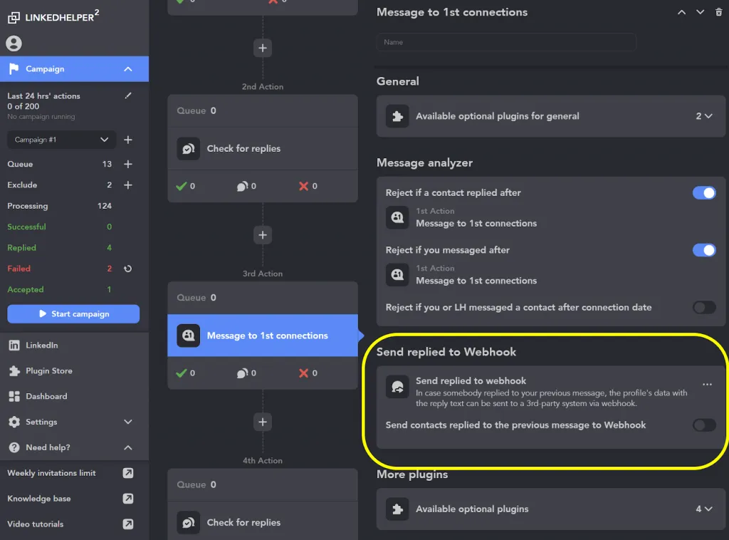 Exemplo das definições de resposta por webhook no Linked Helper