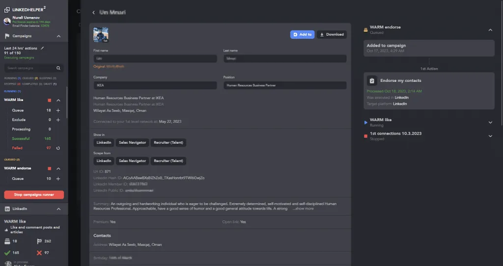 Dans le CRM de Linked Helper, une fiche présente pour chaque lead toutes les informations de son profil LinkedIn.