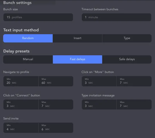 Paramètres des délais et méthode de saisie du texte dans l’interface Linked Helper.