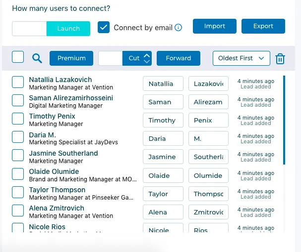 Liste des leads d’Octopus après leur collecte sur LinkedIn.