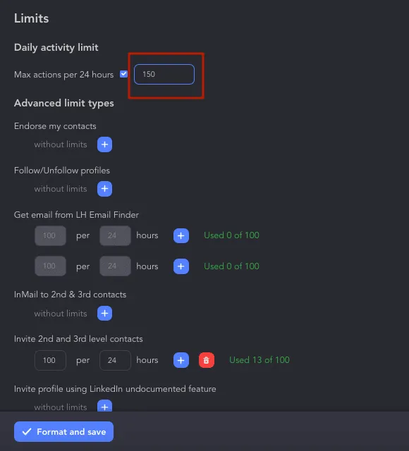 Linked Helper permet de définir manuellement des limites d’activité quotidiennes pour les campagnes