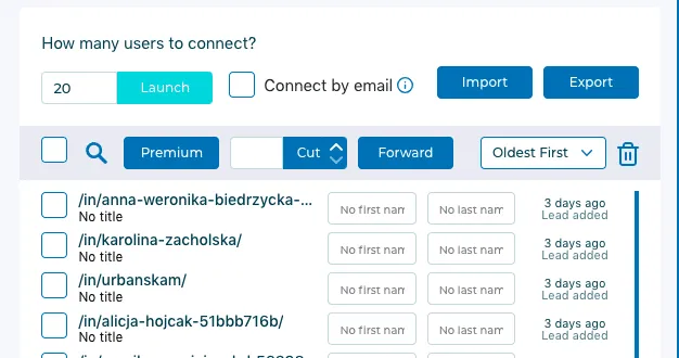 Capture d’écran du menu des leads d’Octopus avant le lancement d’une campagne.