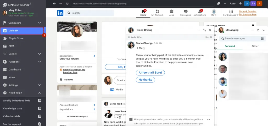 Accès direct à LinkedIn et à une boîte de réception pour les actions manuelles.