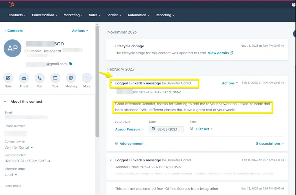 Historique des messages et données des leads de Linked Helper dans HubSpot