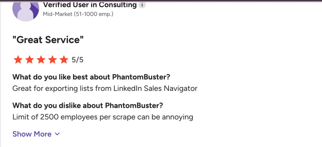 Reseña positiva de cinco estrellas de PhantomBuster