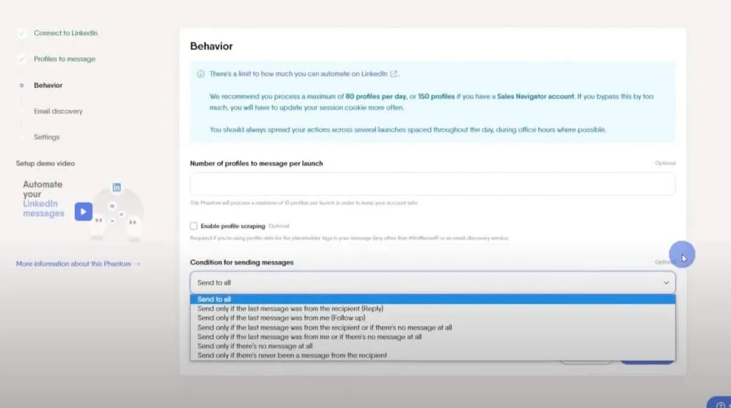 PhantomBuster utiliza los mensajes recibidos en lugar de palabras clave de detención para las condiciones como alternativa a PhantomBuster