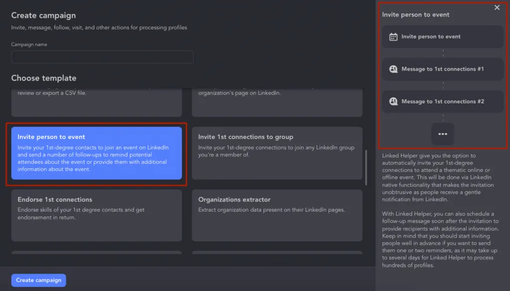 Captura de las plantillas de campaña de Linked Helper