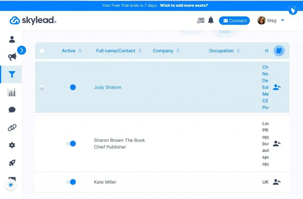 Interfaz de Linked Helper frente a Skylead: ejemplo de una lista de leads en el CRM