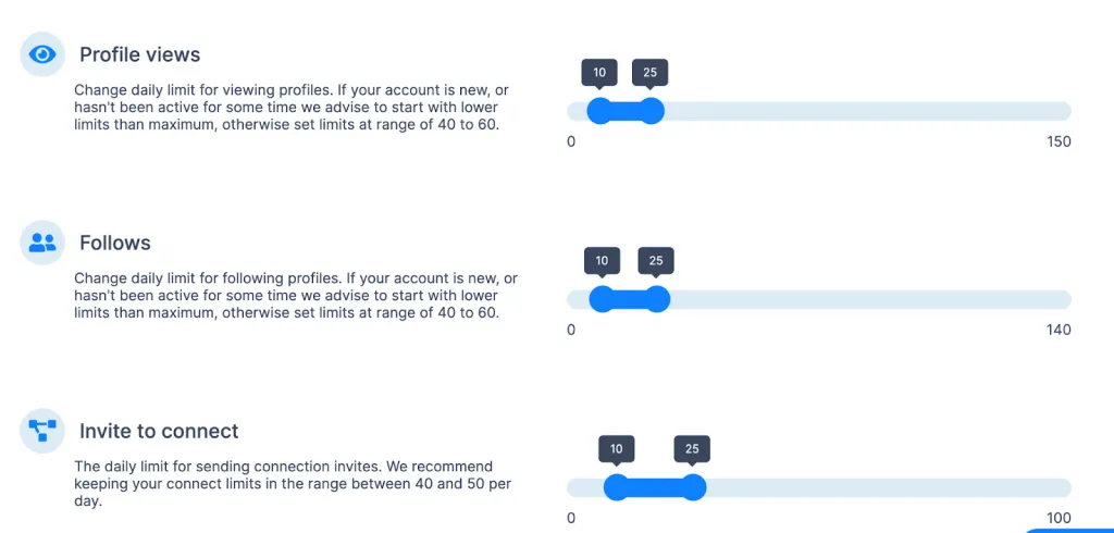 Interfaz de Linked Helper frente a Skylead: límites de acciones de Skylead