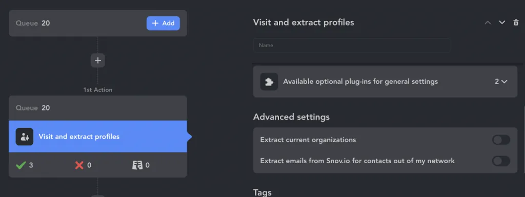 Linked Helper frente a Skylead: «Visit Settings» y acción «Extract» de Linked Helper