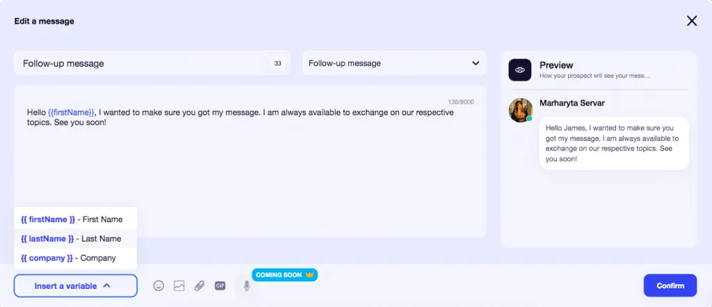 Screenshot des Fensters zur Nachrichtenerstellung in Waalaxy
