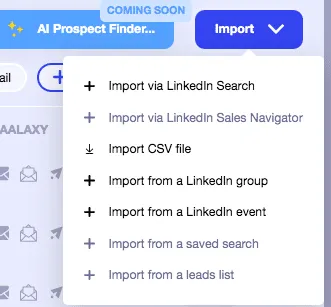 Screenshot der Quellen zur Lead-Erfassung in Waalaxy