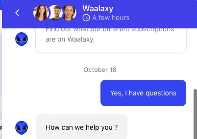 Screenshot des Waalaxy-Chatfensters mit dem Kundensupport