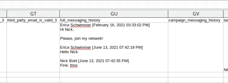 Screenshot des Nachrichtenverlaufs und der Datumsangaben in einer Zelle