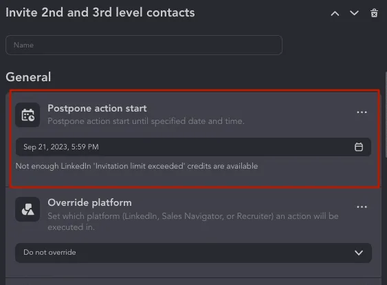 Alternativtext: Screenshot zum Aufschieben des Aktionsstarts in Linked Helper