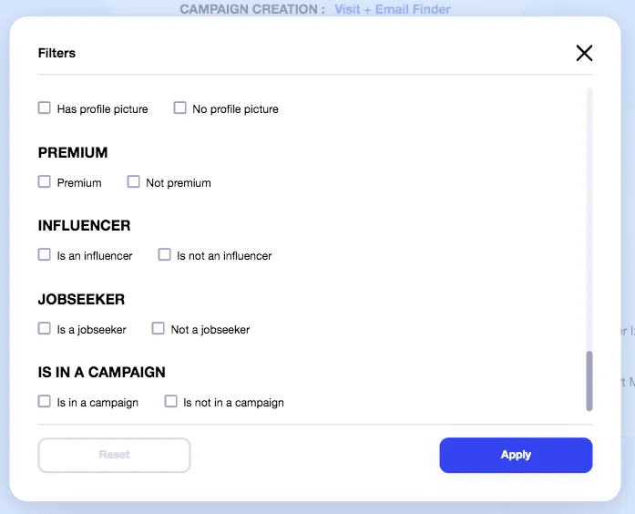 Screenshot der CRM-Filter von Waalaxy zur Sortierung von Leads