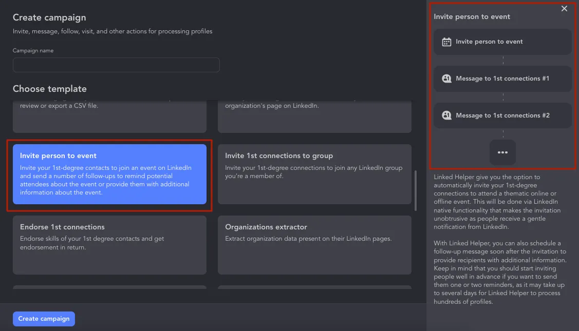 Screenshot der Kampagnenvorlagen in Linked Helper