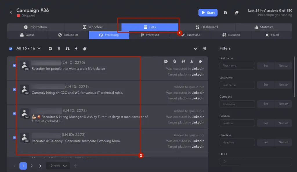 Screenshot des Kampagnenfortschritts in Linked Helper