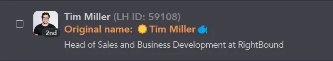 Screenshot eines Leadnamens mit Emoji in Linked Helper