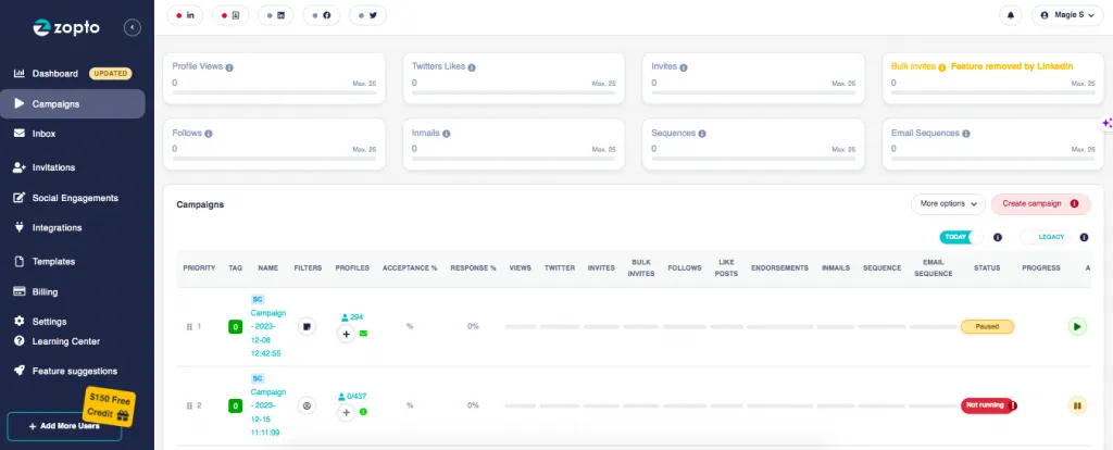 Vergleich der Benutzeroberflächen von Linked Helper und Zopto