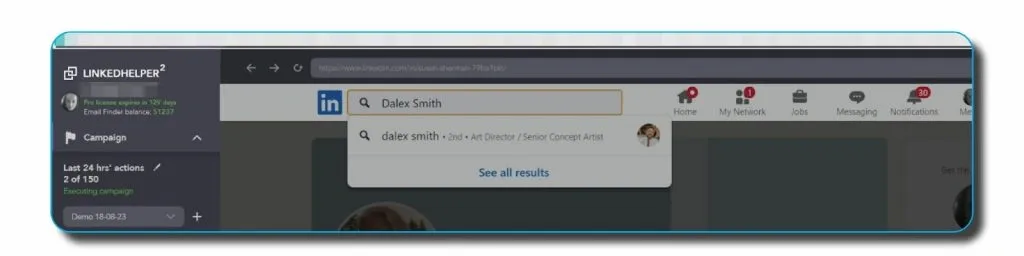 Die Suchleiste in der Benutzeroberfläche von Linked Helper während der Arbeit mit der Software