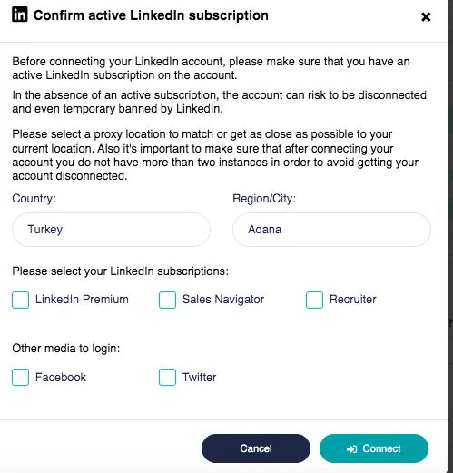 Fenster zum Verbinden eines Kontos bei Linked Helper und Zopto