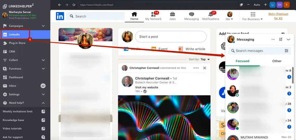 LinkedIn-Posteingang in Linked Helper und Zopto