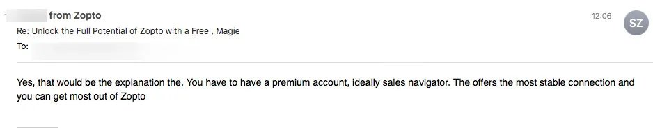 Support-E-Mail von Zopto im Vergleich zu Linked Helper