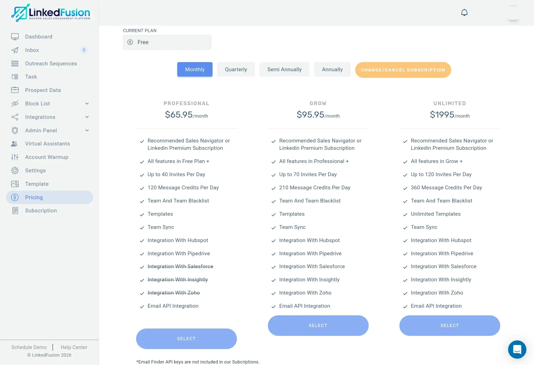 LinkedFusion in-app pricing page with Professional at $65.95, Grow at $95.95 and Unlimited at $1995 per month
