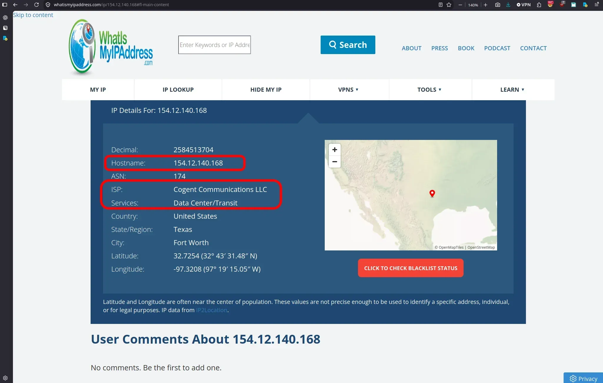 WhatIsMyIPAddress lookup listing 154.12.140.168 as a Cogent Communications data center and transit address