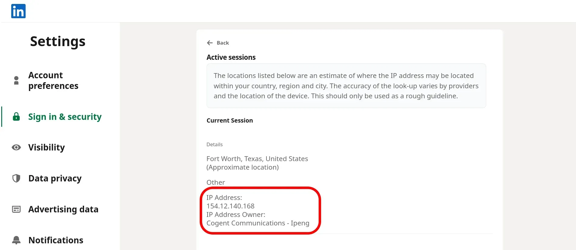 LinkedIn active-sessions page showing the IP address 154.12.140.168 owned by Cogent Communications