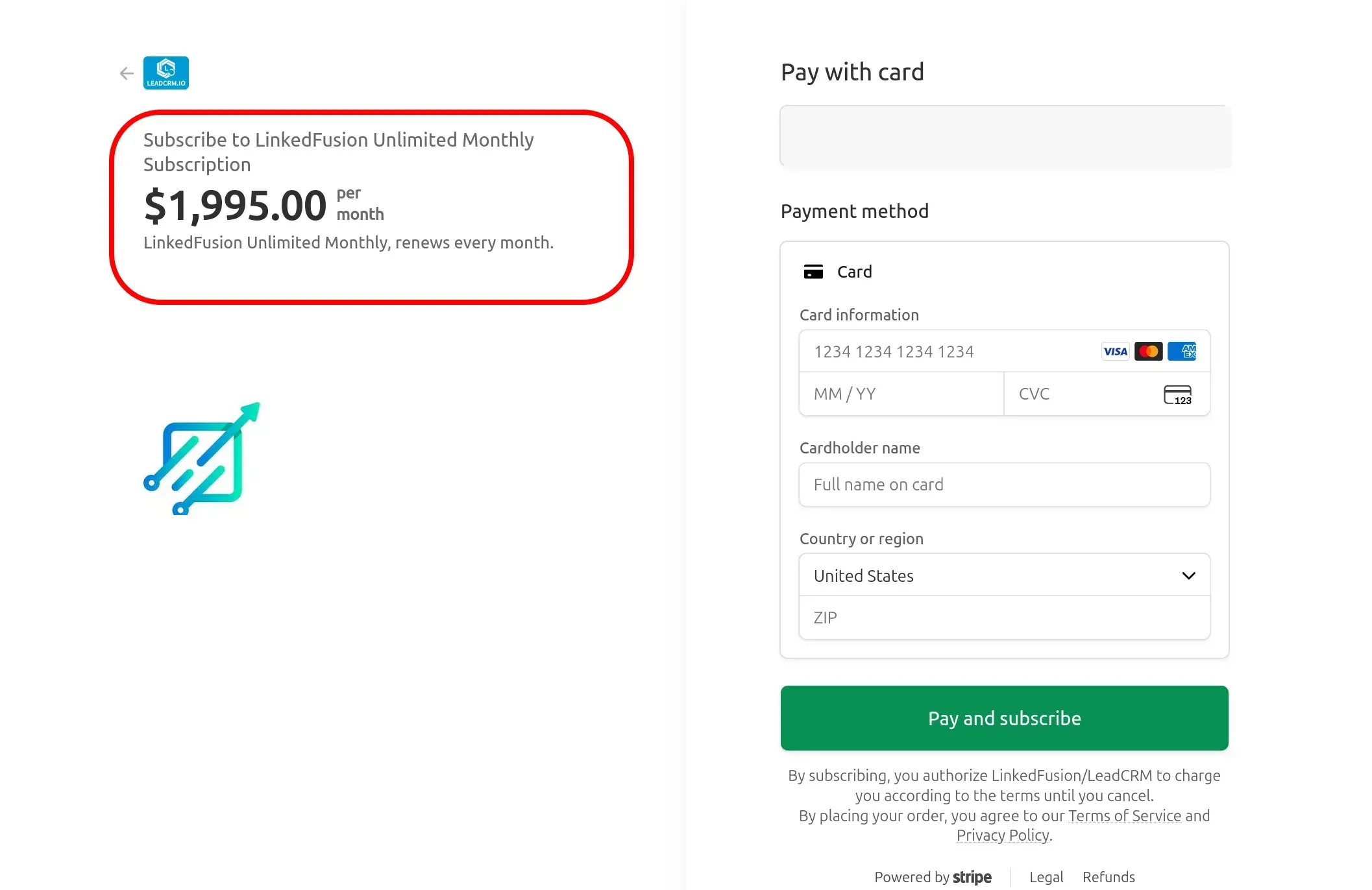 Stripe checkout for LinkedFusion Unlimited Monthly Subscription at $1,995.00 per month