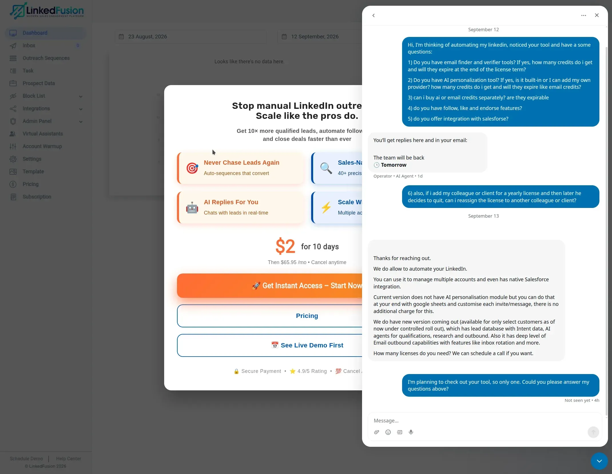 LinkedFusion support chat where an operator says the team will be back tomorrow and a person later answers part of the questions