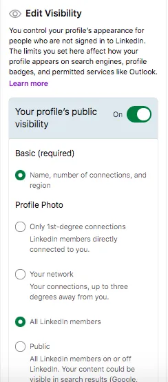 Captura de pantalla de la configuración de privacidad de LinkedIn.