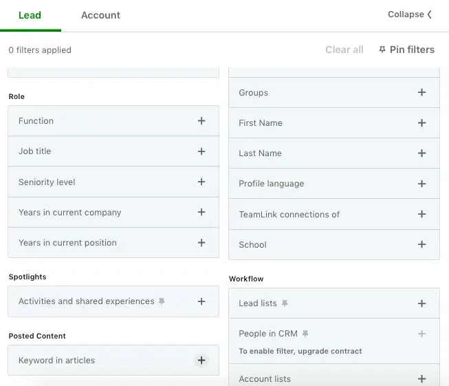 Interfaz de filtros de Sales Navigator