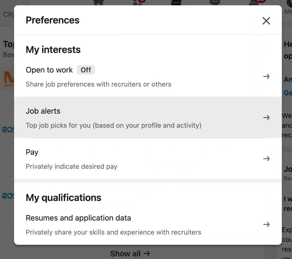 Captura de pantalla de la configuración de búsqueda de empleo.