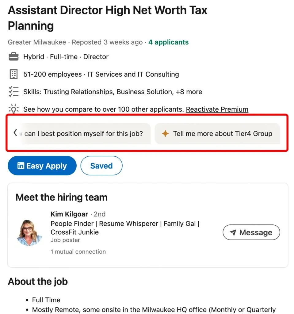 Captura de pantalla de una recomendación de AI para solicitar un empleo.
