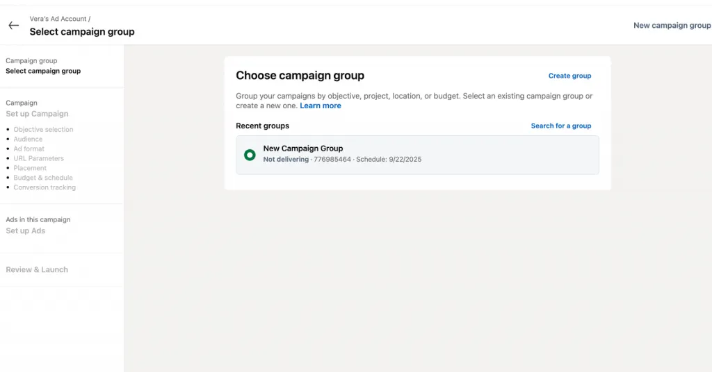 Kampagnengruppe für die Erstellung von LinkedIn Ads auswählen