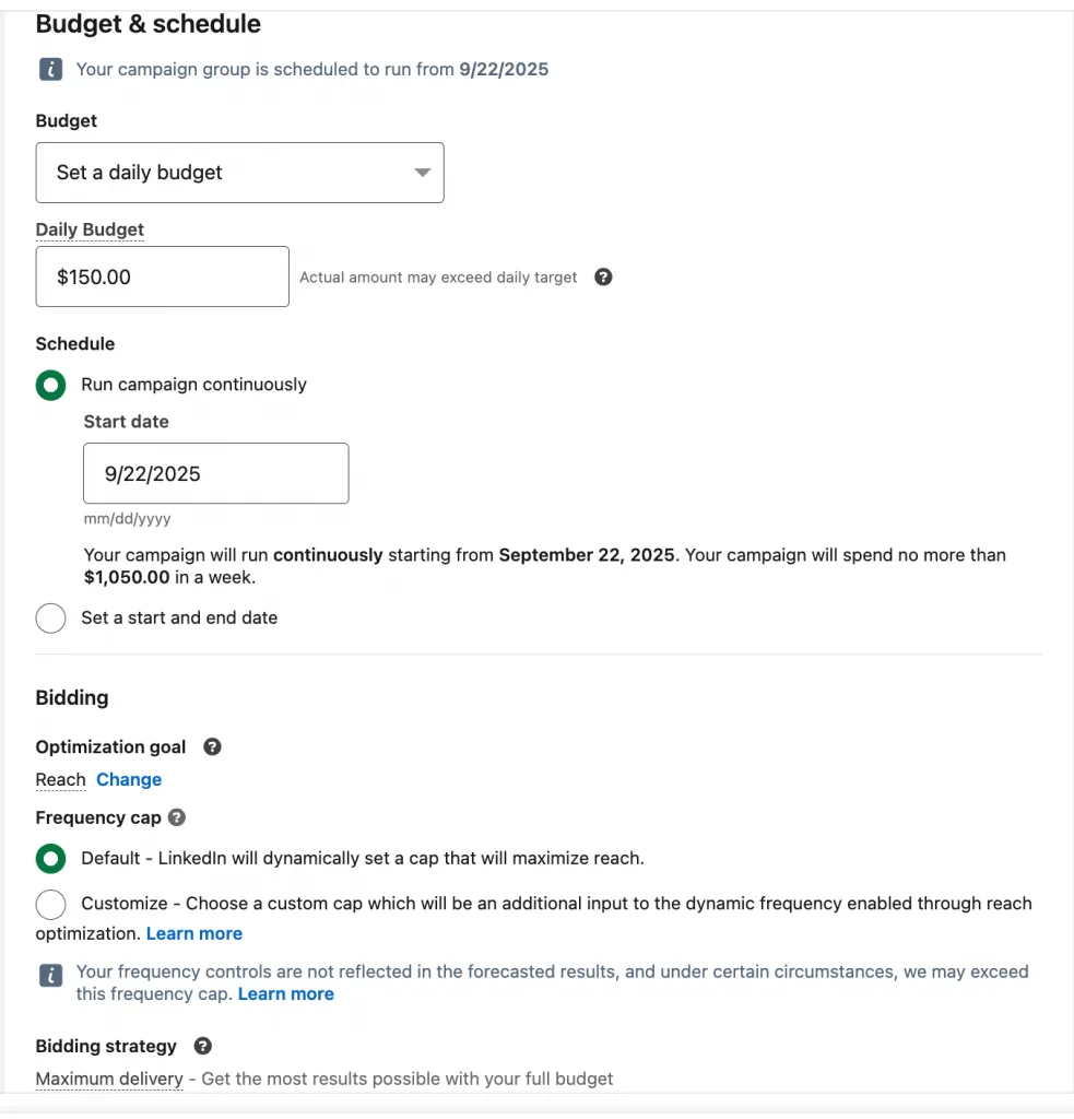 Gebotsstrategie bei der Erstellung von LinkedIn Ads