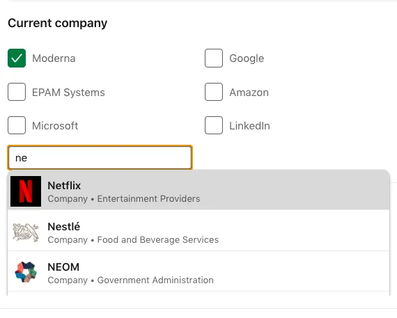 selección de la empresa actual en la búsqueda de personas de LinkedIn