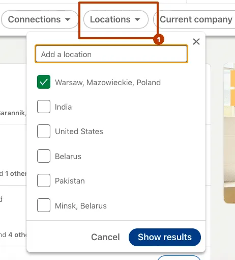 adición del filtro de ubicación a la búsqueda de personas de LinkedIn